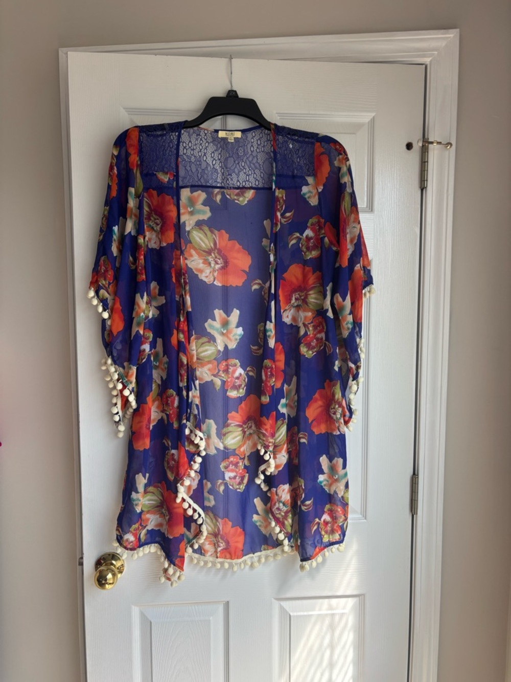 Kori Blue Lace Overlay Floral Trim Top